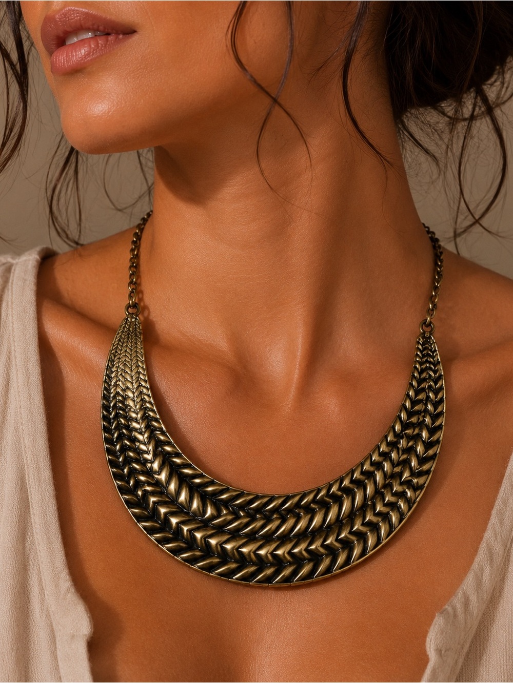 Antique Gold Tone Tribal Crescent Statement Collar Necklace